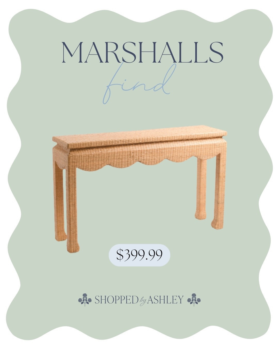New designer inspired console table at Marshalls! Similar ones retail over $2,000 👀 

Free shipping with code SHIP89 

Rattan console table, Lillian August console table, scallop console table, designer look, look for less, rattan furniture 

#LTKHome