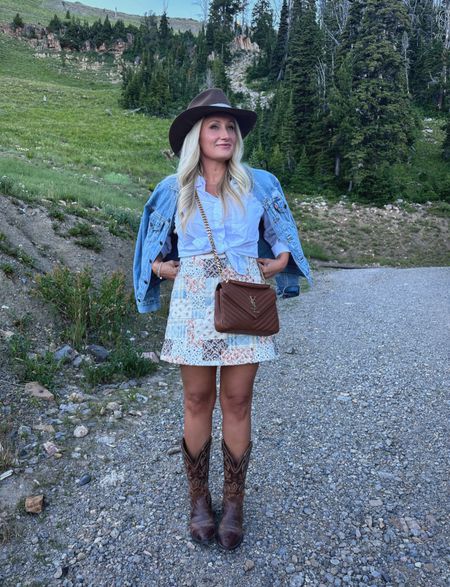 Jackson Hole outfit ideas! My boots are 15+ years old 

Patchwork skirt. Patchwork outfits. Sezane. YSL fall bag. Jean jacket. Walmart top. 

#LTKshoecrush #LTKtravel #LTKstyletip