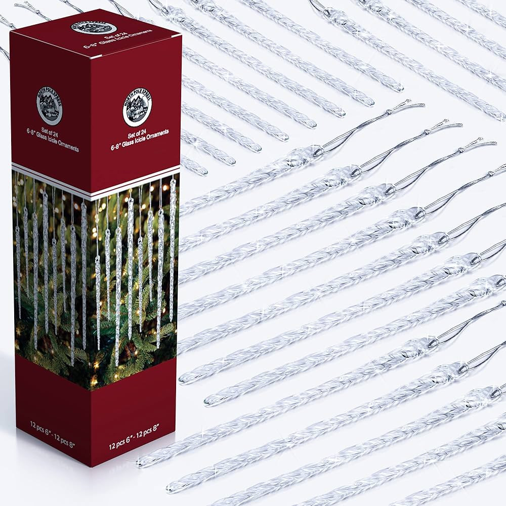 Large Twisted Clear Glass Icicle Christmas Ornaments for Christmas Trees - Set of 24 Icicles Chri... | Amazon (US)