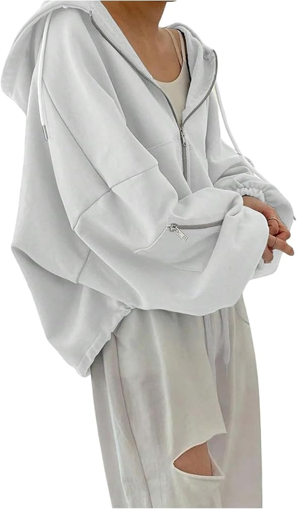 Women's Zip Up Drawstring Hoodie Long Sleeve Drop Shoulder Loose Sweatshirt Outerwear | Amazon (US)