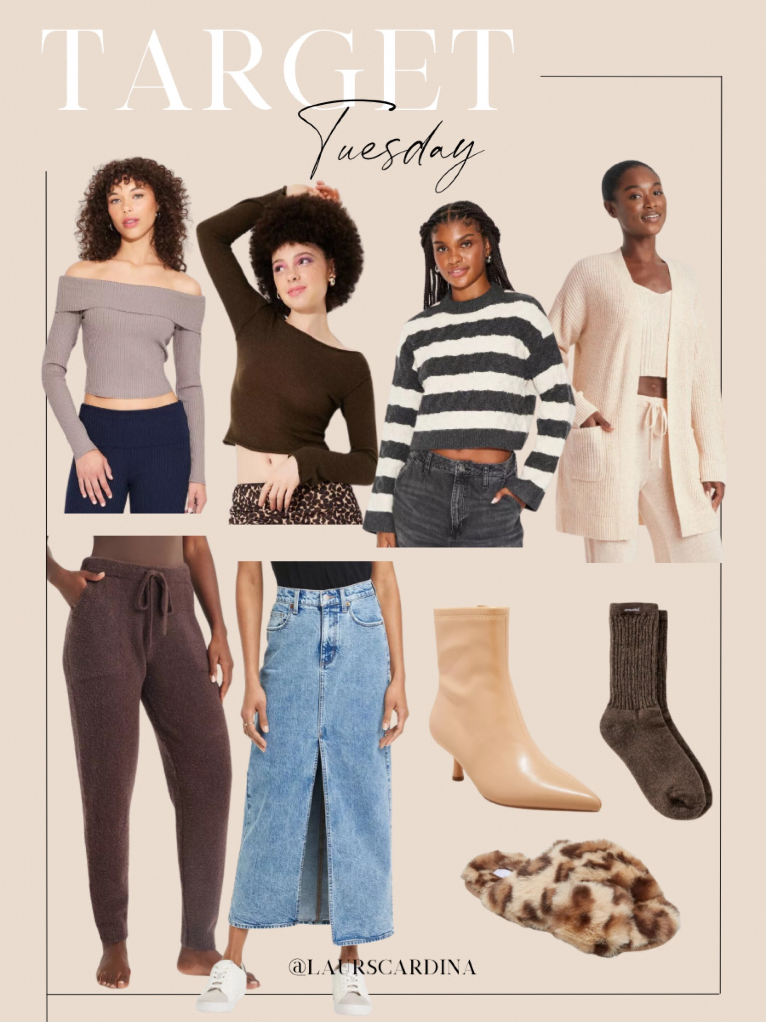 Target Tuesday finds include an off the shoulder sweater, a boatneck sweater, a striped crew neck sweater, a long cardigan, sweater joggers, a long denim skirt, kitten heel boots, cozy socks, and leopard print slippers.

Fall outfit, fall sweater, ootd, target fashion

#LTKStyleTip #LTKShoeCrush #LTKFindsUnder50