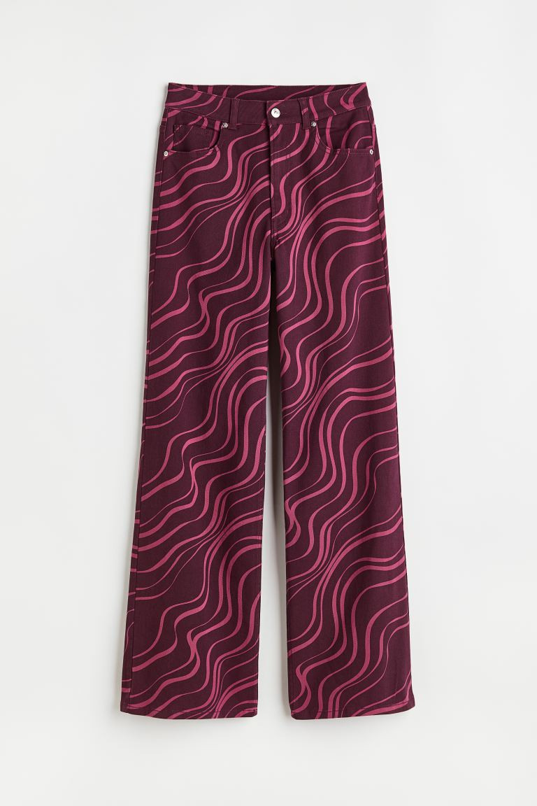 Wide-leg Twill Pants - Plum purple/patterned - Ladies | H&M US | H&M (US + CA)