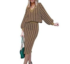 Pink Queen Women's 2 Piece Outfits Set Knit V Neck Batwing Long Sleeve Loose Top Bodycon Midi Ski... | Amazon (US)