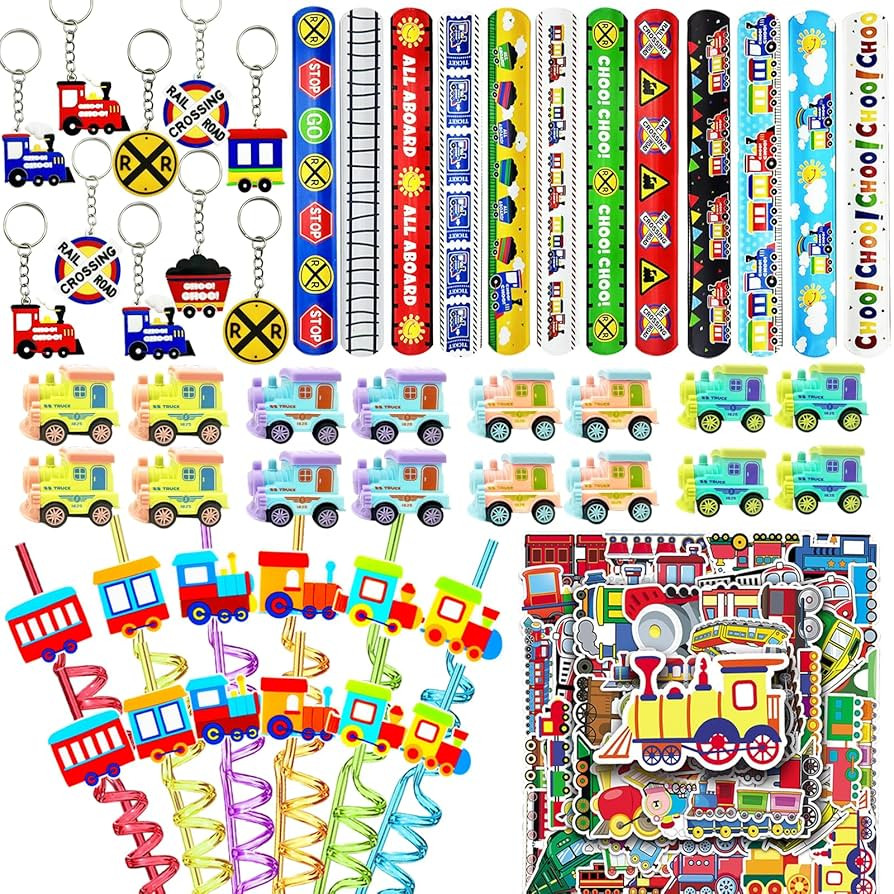 Train Party Favors 122PCS Slap Bracelets DIY Stickers Drinking Straw Keychains Pull-back Vehicle ... | Amazon (US)