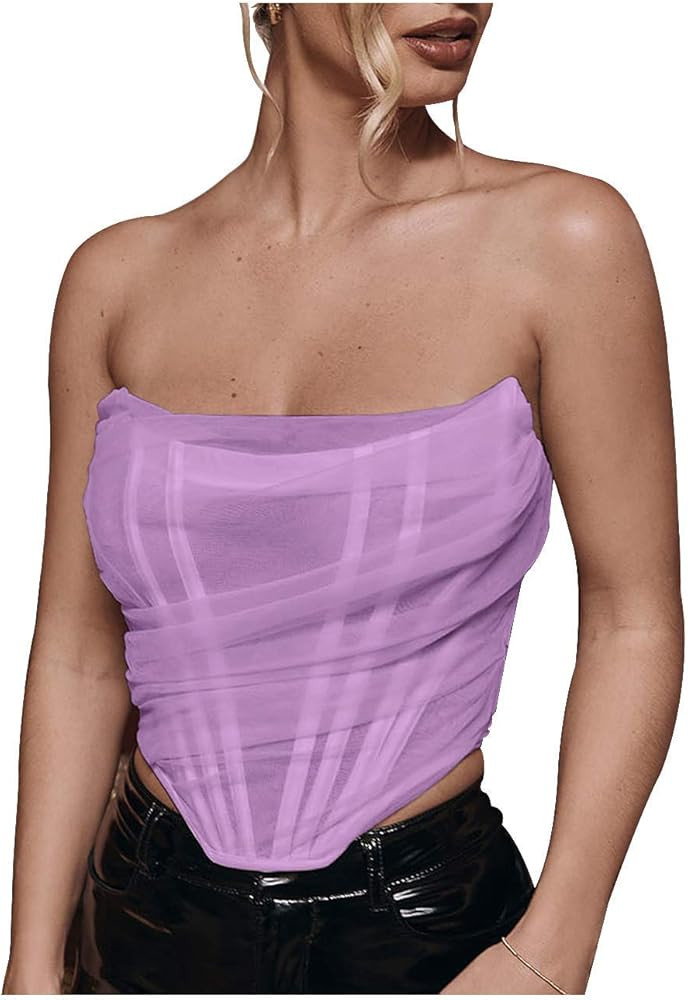 L'VOW Women's Sexy Strapless Mesh Bustier Open Back Boned Corset Crop Top | Amazon (US)