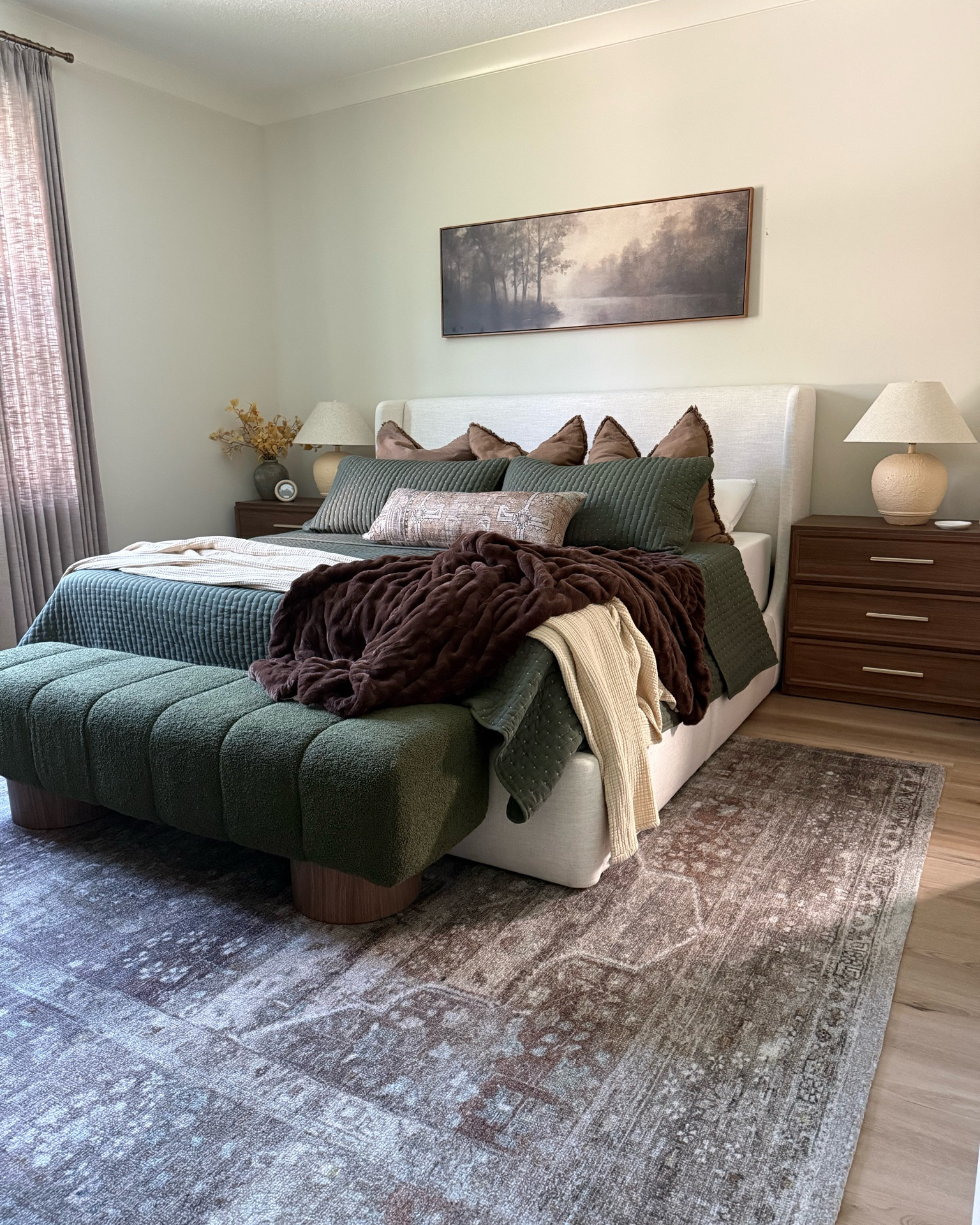 Cozy bedroom views lately 🍂🤎 

Master bedroom, Amazon bedding, fall bedding, fall decor, Loloi rug, moody art for bedroom, moody bedroom inspo, end of bed bench, oversized nightstands, designer inspired home finds