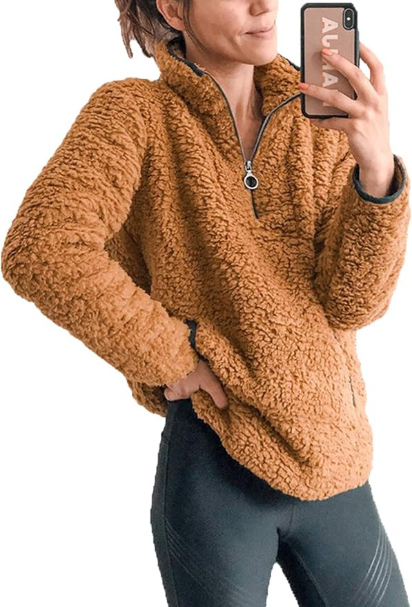 Angashion Fleece 1/4 Zip Up Fuzzy Sherpa Pullover Sweatshirt Fluffy Outerwear Coat for Women with... | Amazon (US)