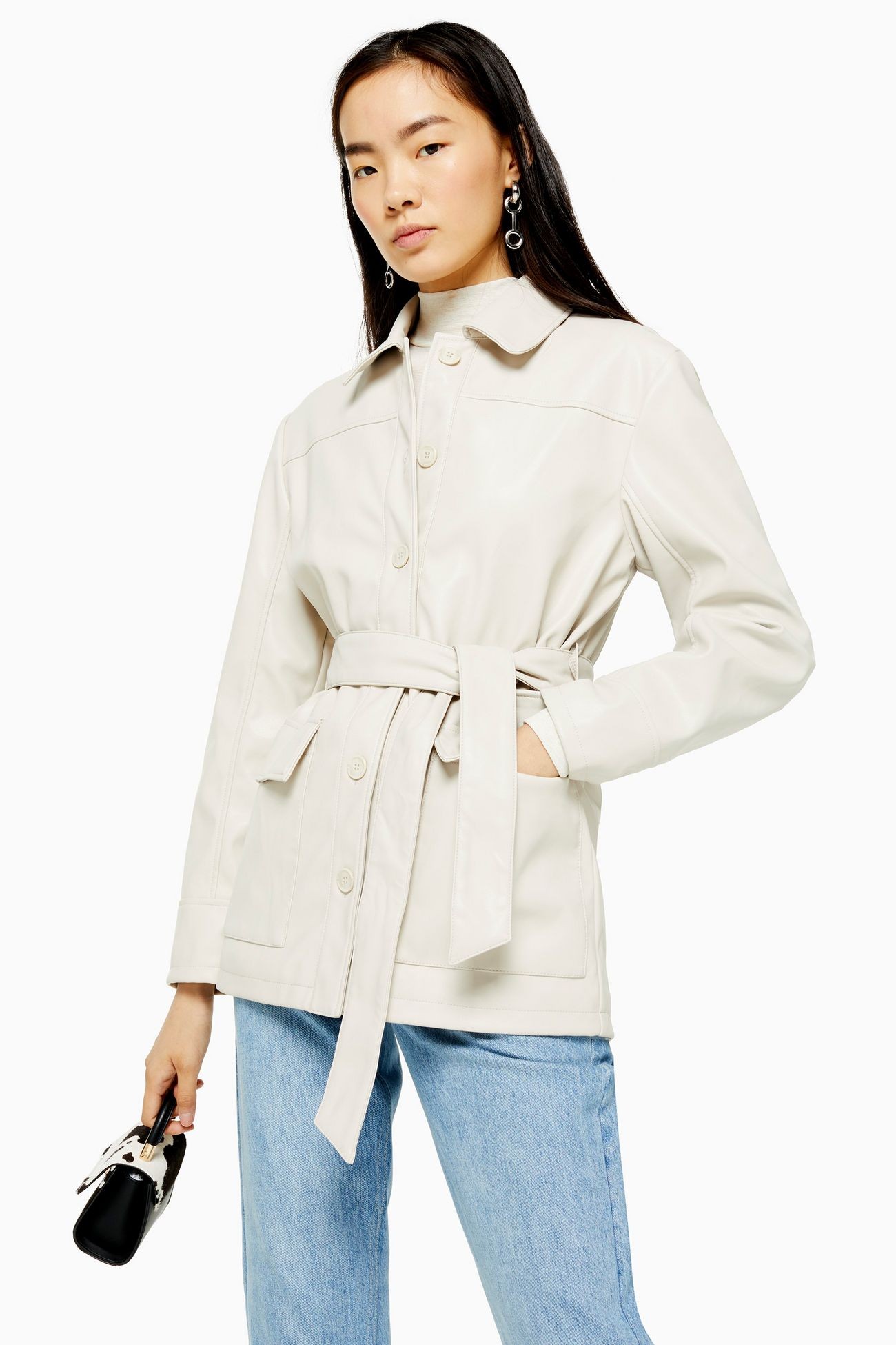 Ecru Faux Leather Tie Shacket | Topshop UK