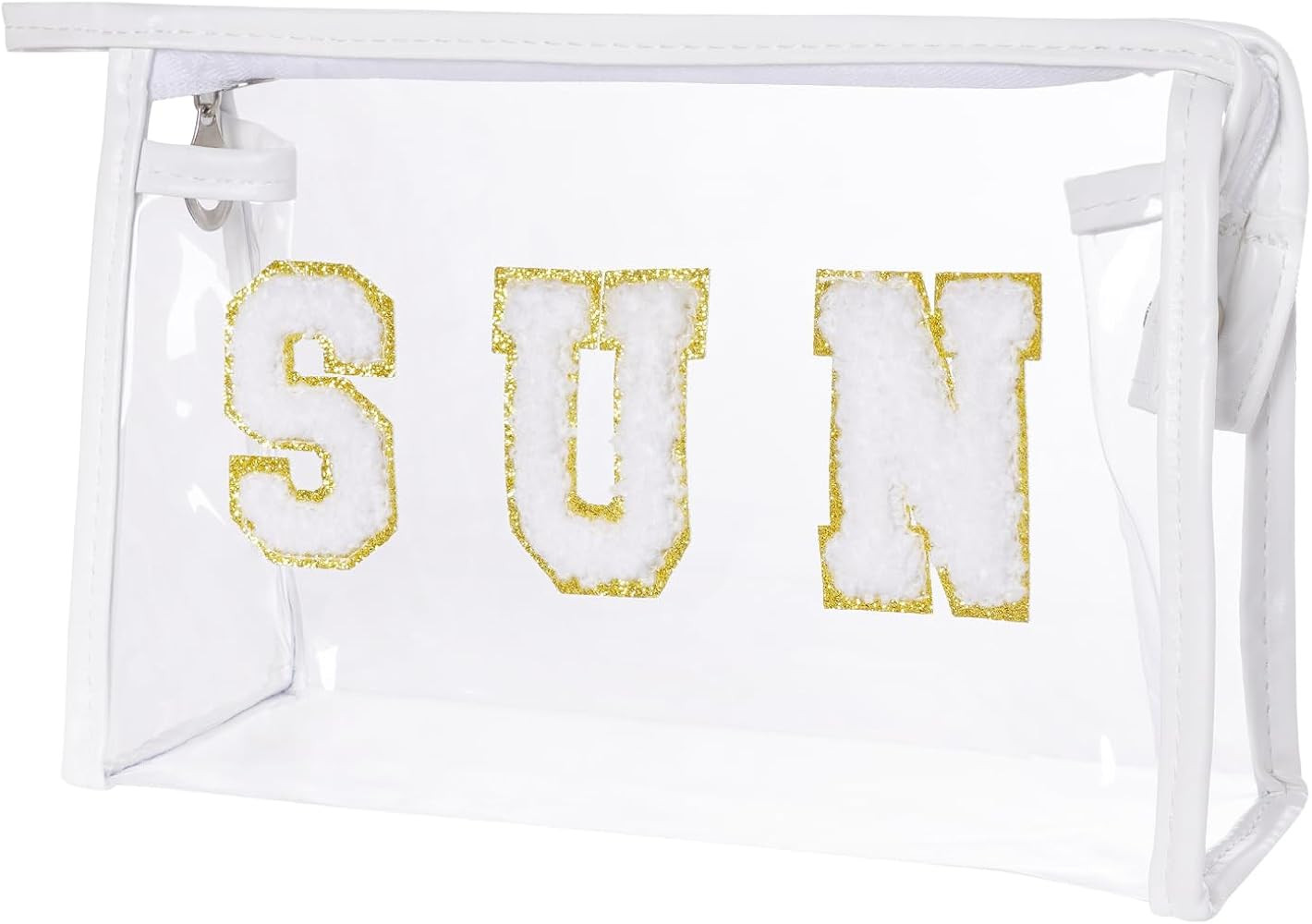 Clear Preppy Patch Makeup Bag, Sun Chenille Letter Bag for Beach, Pouch With Zipper, Travel Cosmetic Toiletry Bag for Women Girls Teens (White) | Amazon (US)