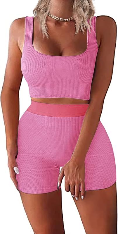 Ekouaer Lounge Set for Women 2 Piece Rib Knit Pajamas Crop Tank Top Bilker Shorts Workout Sets Ca... | Amazon (US)