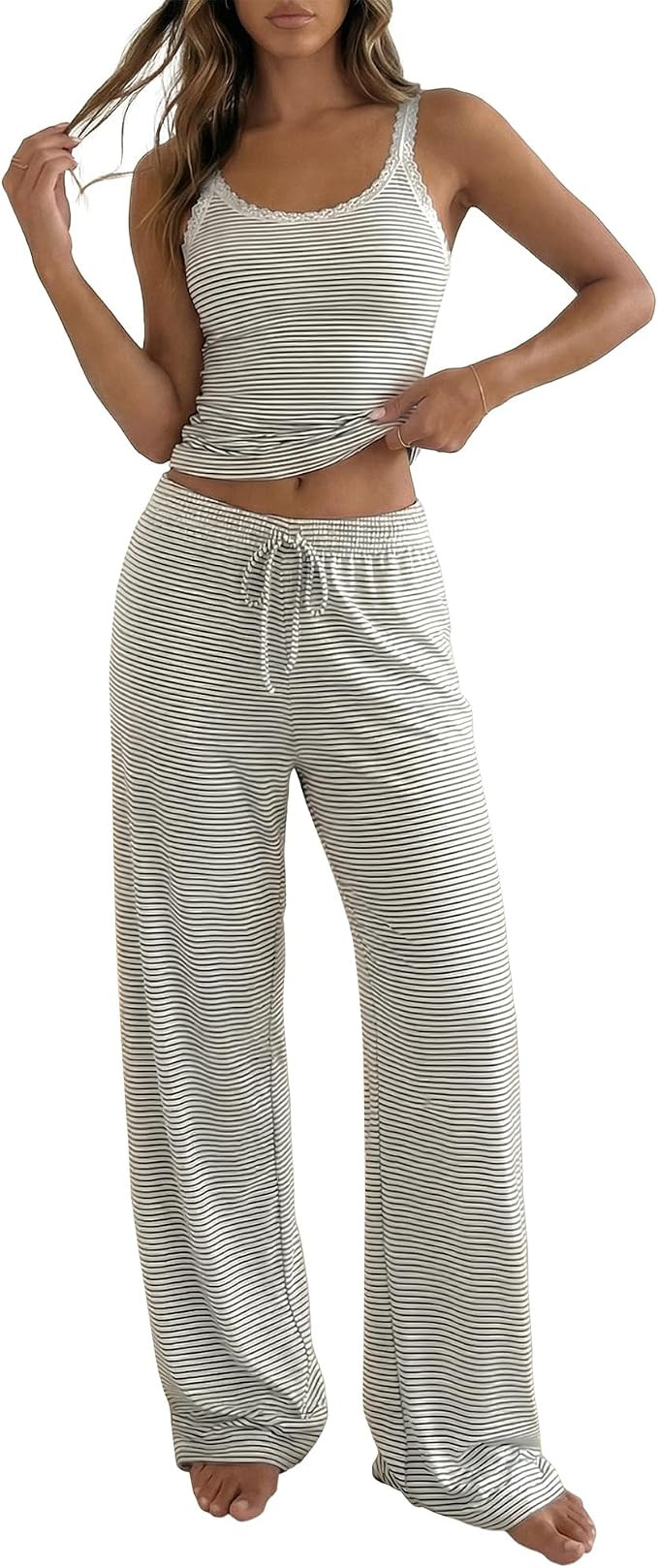BTFBM Lounge Sets For Women 2026 Striped 2 Piece Pajama Sets Spaghetti Strap Tops Wide Leg Pants ... | Amazon (US)