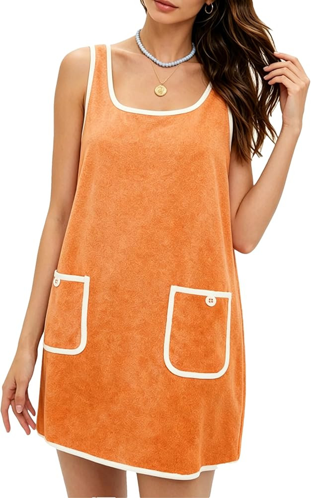 Women's Suede Mini Dress Sleeveless Beach Tank Dress with Pockets Contrast Trim Casual Cover Up S... | Amazon (US)