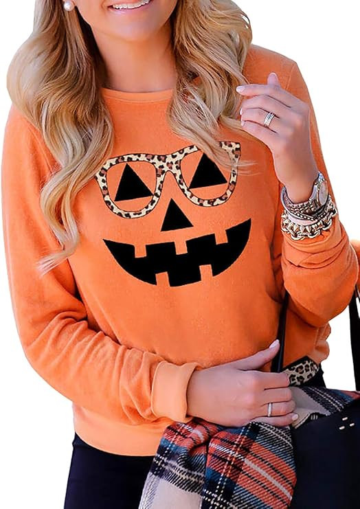 Halloween Pumpkin Leopard Glasses Sweatshirt for Women Long Sleeve Splicing Tshirt Casual Pullove... | Amazon (US)