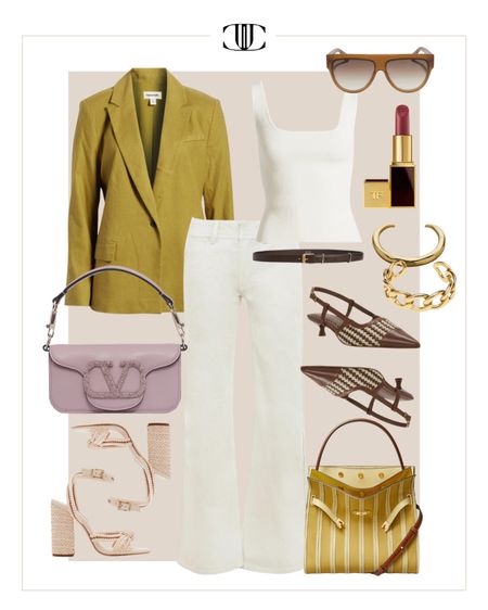 I like to think of this look as a casual and chic power suit.  

Work outfit, blazer, white denim, leather belt, slingback pump, tank, sunglasses, spring outfit

#LTKstyletip #LTKshoecrush #LTKover40