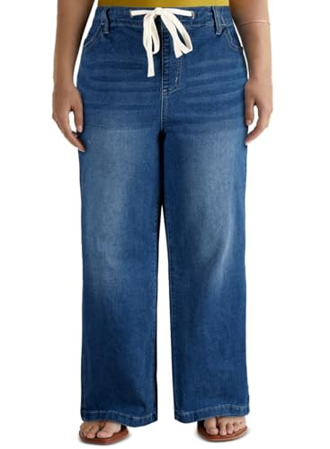 Eytino Women's Plus Size Wide Leg Jeans Elastic Waist Drawstring Stretchy Denim Pants with Pocket... | Amazon (US)