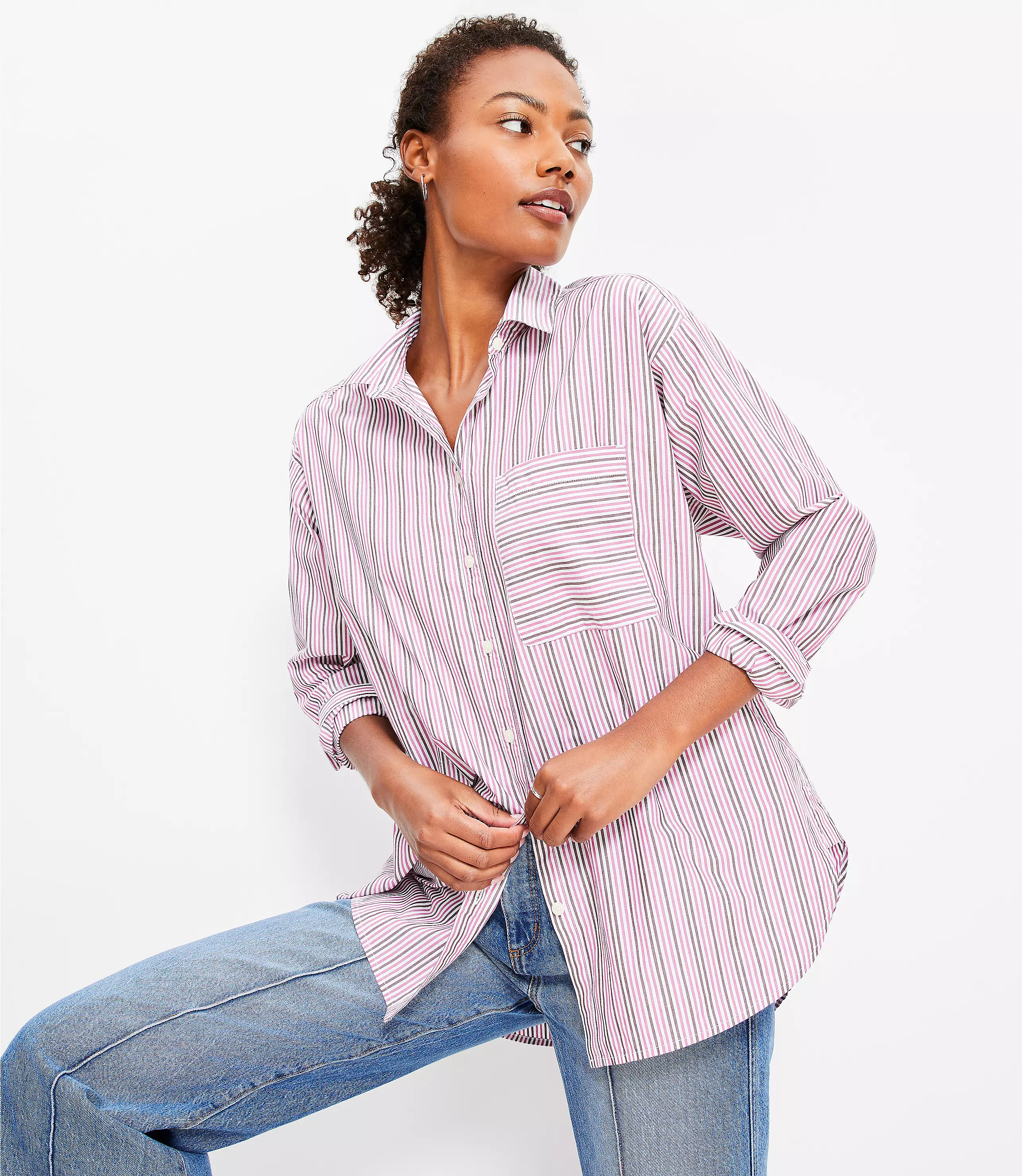 Striped Cotton Poplin Everyday Oversized Pocket Shirt | LOFT