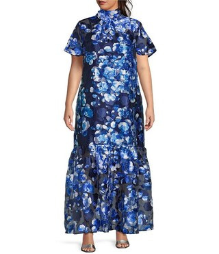 Sugarlips Plus Abay Floral Short Sleeve Jacquard/Organza Long Dress | Dillard's | Dillard's