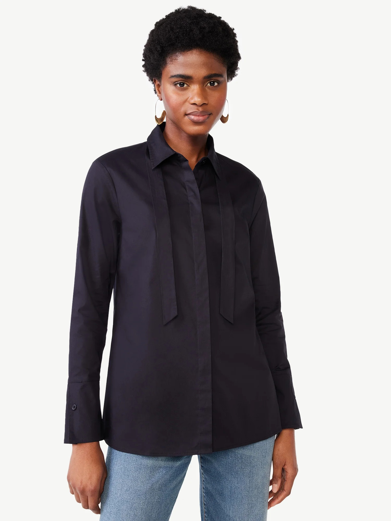 Scoop Women's Tie Neck Button Front Poplin Tunic Shirt with Long Sleeves, Sizes XS-XXL - Walmart.... | Walmart (US)