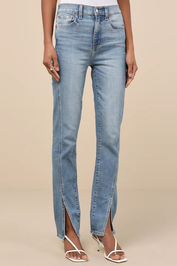 Downtown Light Wash High-Rise Split Hem Straight Leg Jeans | Lulus