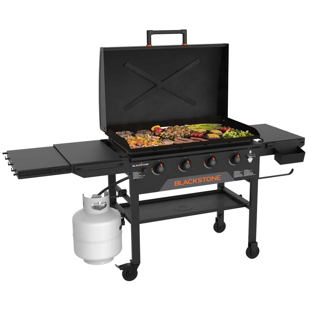Blackstone 4-Burner 36" Omnivore Griddle with Hood and Extendable Side Shelves | Wayfair North America