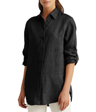 Point Collar Long Roll-Tab Sleeve Button Front Linen Shirt | Dillard's