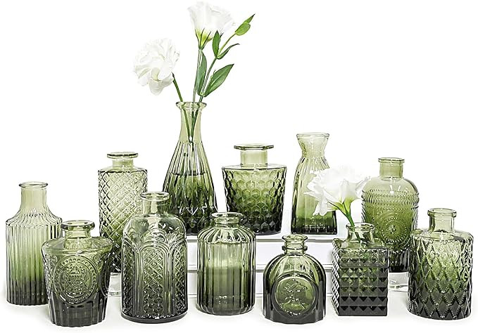 12pcs Glass Bud Vase Set, Small Green Flower Vases for Centerpieces in Bulk, Mini Vintage Vase fo... | Amazon (US)