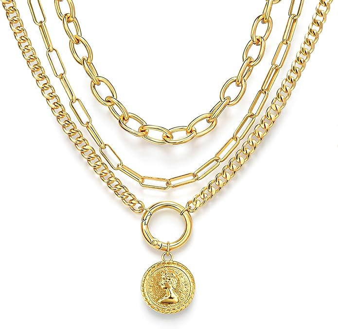 iF YOU Gold Layered Necklaces for Women Trendy, Chunky Cuban Link Paperclip Chains Necklace Stack... | Amazon (US)