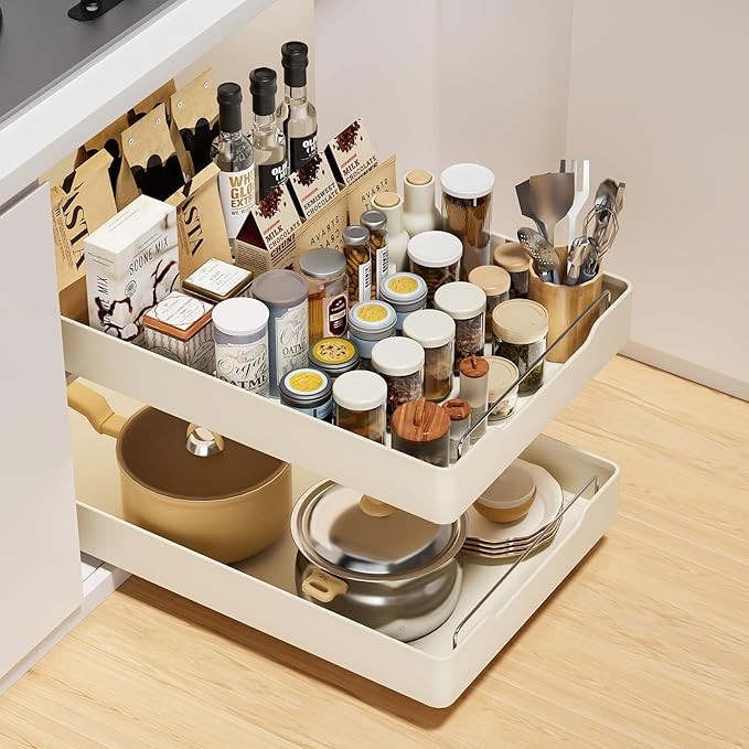 2 Pack Pull Out Cabinet Organizer Fixed with Adhesive Nano Film, Heavy Duty Slide Out Pantry Shel... | Amazon (US)