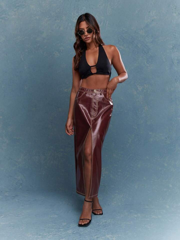 MISSGUIDED Shiny Faux Leather Front Slit Maxi Skirt | SHEIN
