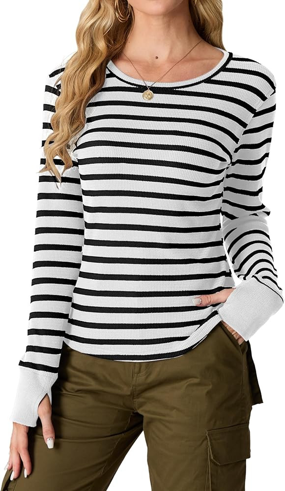 GRECERELLE Waffle Knit Long Sleeve Shirts for Women Crew Neck Slim Fitted Going Out Tops Y2k Outf... | Amazon (US)