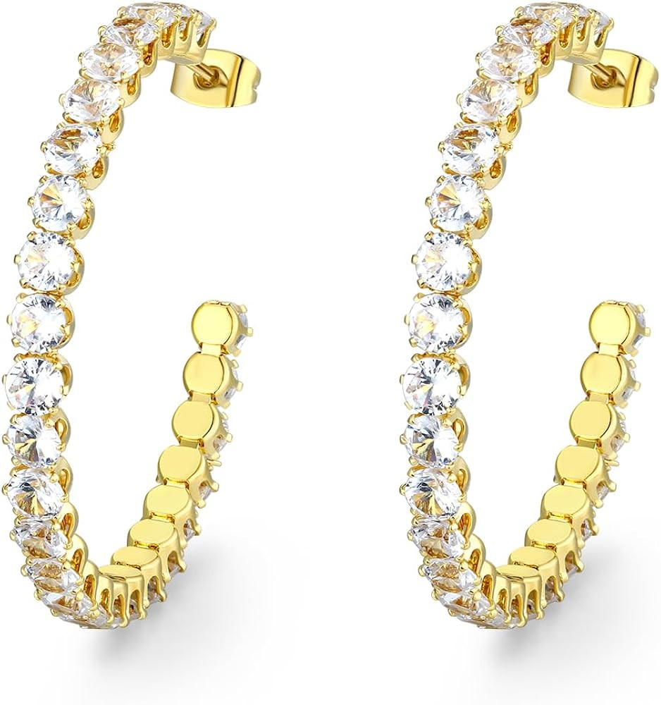 Large Rhinestone Hoop Earrings for Women: Hypoallergenic 14K Gold or White Gold Plated Thick Spar... | Amazon (US)