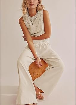 Linen Pants for Women Cotton Baggy Boho Casual Palazzo Pants Wide Leg Long Lounge Trousers with P... | Amazon (US)