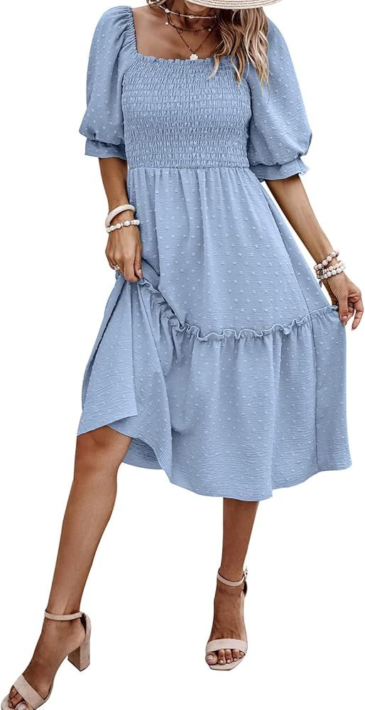 PRETTYGARDEN Women's Summer Casual Midi Dress Spring Puff Sleeve Square Neck A-line Flowy Boho Fl... | Amazon (US)