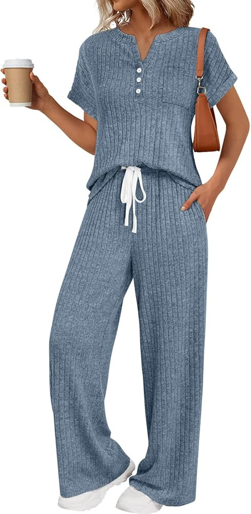 LILLUSORY Women's 2 Piece Matching Lounge Sets Summer Henley Neck Wide Leg Pants Casual Sweat Sui... | Amazon (US)