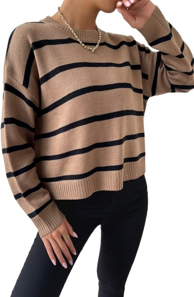 Women's Pullover Sweaters Long Sleeve Round Neck Striped Drop Shoulder Casual Sweater Jumper Tops... | Amazon (US)