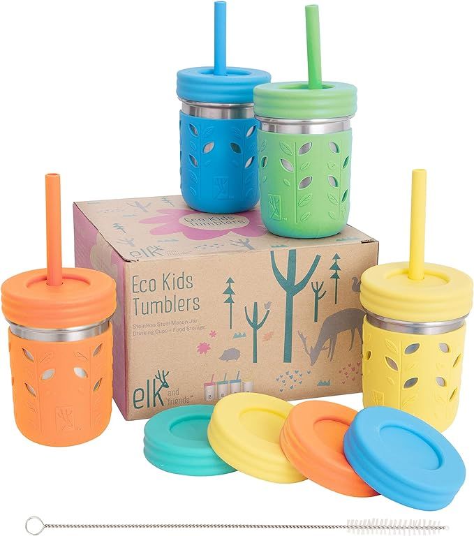 Elk and Friends Stainless Steel Cups | Mason Jar 10oz | Kids & Toddler Cups with Silicone Sleeves... | Amazon (US)