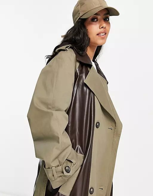 ASOS DESIGN faux leather spliced trench in brown | ASOS | ASOS (Global)