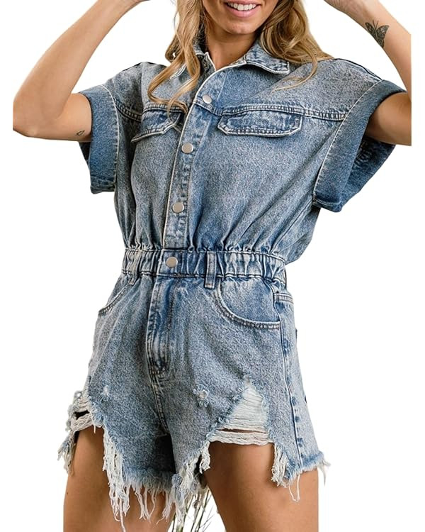 Women's Distressed Denim Romper Short Cuffed Sleeve Jean Jumpsuit Collared Ripped Frayed Shortall... | Amazon (US)
