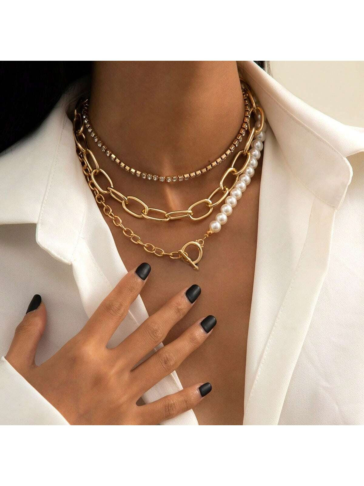 3pcs/Set Vintage Chunky Chain, Imitation Diamond & Pearl Necklace Set For Women, Retro Design | SHEIN