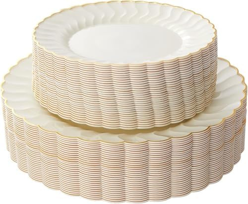 Lullaby 60PCS Ivory Scalloped Plastic Plates with Gold Rim, Disposable Elegant Plates Include 30p... | Amazon (US)