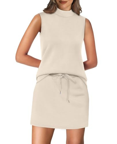 XIEERDUO Two Piece Skirt Set for Women 2026 Mock Neck Tank Top Tennis Skirt Beach Cruise Vacation Outfits Summer Travel Resort Wear Clothing Beige S | Amazon (US)