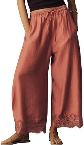 Lace Hem Wide Leg Pants for Women Summer Casual Lightweight Flowy Palazzo Pant Beach Vacation Out... | Amazon (US)