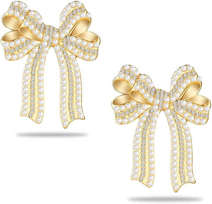 Amazon.com: LILIE&WHITE Christmas Earrings For Women XMAS Gold Bowknot Stud Earrings With Imitati... | Amazon (US)