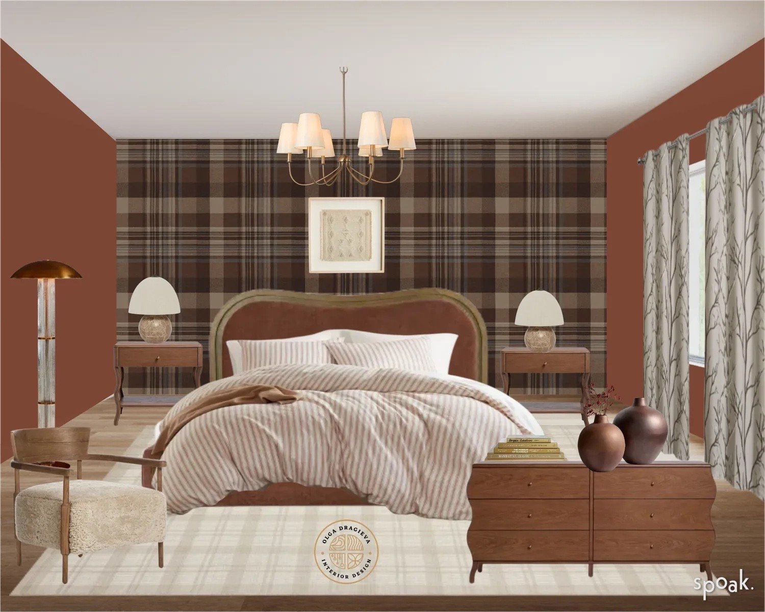Fall-inspired bedroom design, checkered wallpaper, curvy upholstered bed, wavy dresser and nightstands, neutral carpet and wall art. Metal vase and gorgeous neutral accent chair. #homedecor #bedroom #falltrends

#LTKHome #LTKSeasonal #LTKFamily