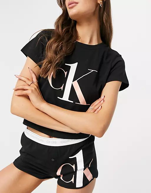 Calvin Klein CK One logo t-shirt short pajama set in black | ASOS (Global)
