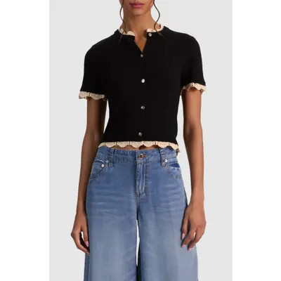 Alice + Olivia Ciara Crochet Trim Wool Blend Cardigan in Black/natural at Nordstrom, Size X-Large | Nordstrom