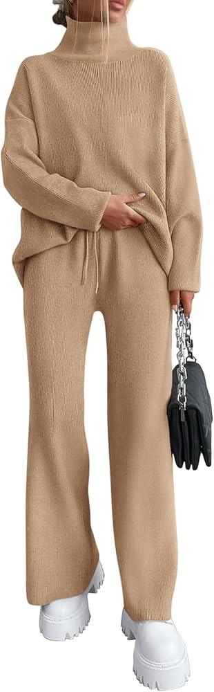 dowerme Women Spring 2 Piece Outfits 2026 Winter High Neck Sweater Sets Drawstring Wide Leg Pant ... | Amazon (US)