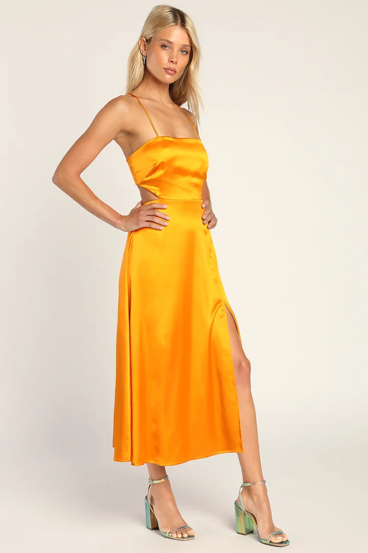 Striking Sight Orange Satin Cutout Lace-Up Midi Dress | Lulus (US)