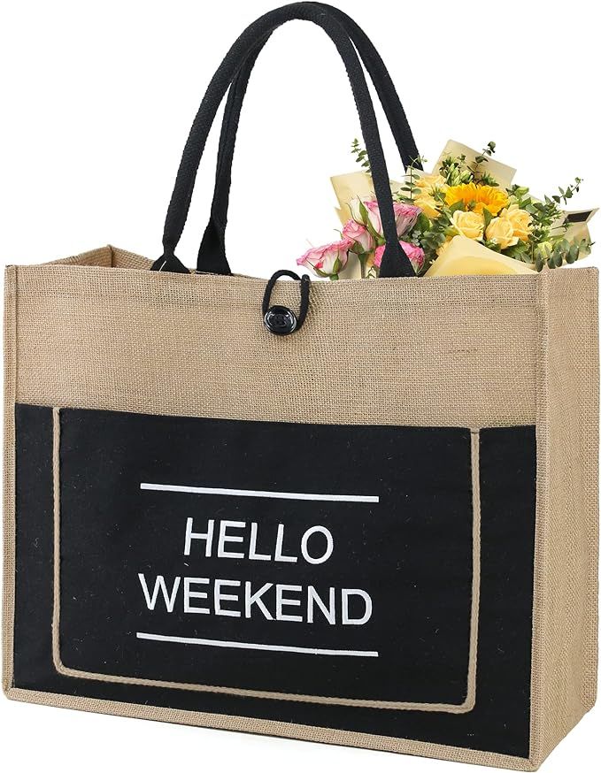 BeeGreen Hello Weekend Beach Jute Tote Bag Extra Large 20'' x 16'' x 7.25'' Embroidery Beach Burl... | Amazon (US)