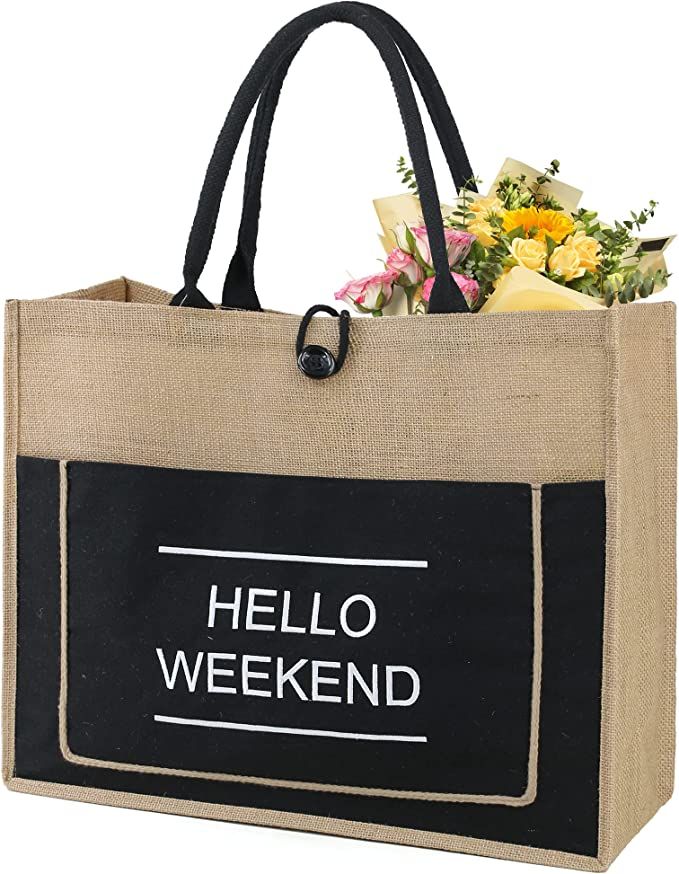 BeeGreen Hello Weekend Beach Jute Tote Bag Extra Large 20'' x 16'' x 7.25'' Embroidery Beach Burl... | Amazon (US)